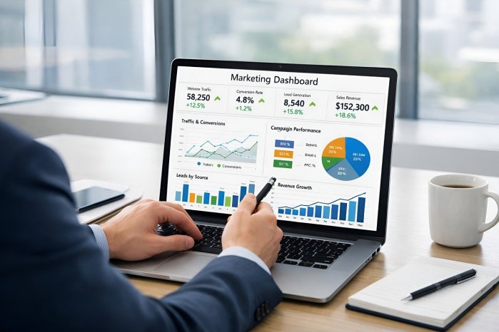modern creator reviewing analytics on laptop at desk, calm premium aesthetic